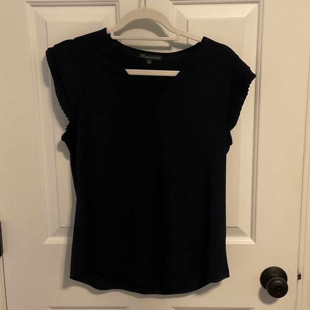 Adrianna Papell Navy Ruffle Cap Sleeve Blouse
